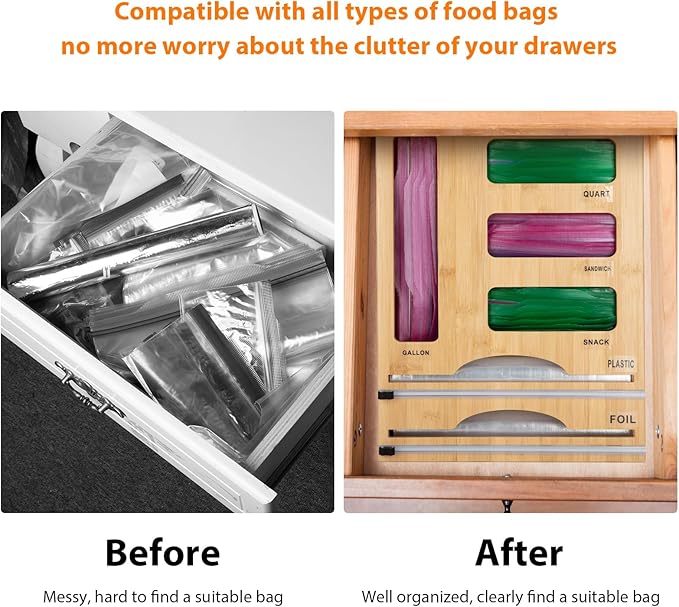Storage Bag Organizer with Foil and Plastic Wrap Organizer , Aluminum Foil Dispenser with Cutter, Bamboo 6 in 1 Baggie Organizer Suitable for Gallon, Quart, Sandwich, Snack