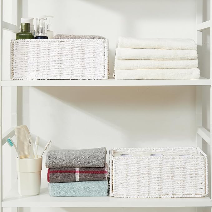Vagusicc Wicker Storage Basket, Set of 2 Hand-Woven Paper Rope Wicker Basket, Small Storage Baskets for Organizing Toilet Paper Basket, Foldable Large Cube Storage Organizer Bins for Shelves (White)