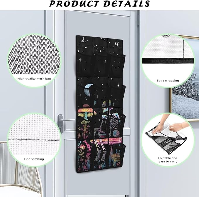 Skeleton Behind Door Shoe Organizer 12 Pockets Wall Hanging Storage for School Moon Over The Door Closet Organizer Mushroom Multi-Pocket Organizer