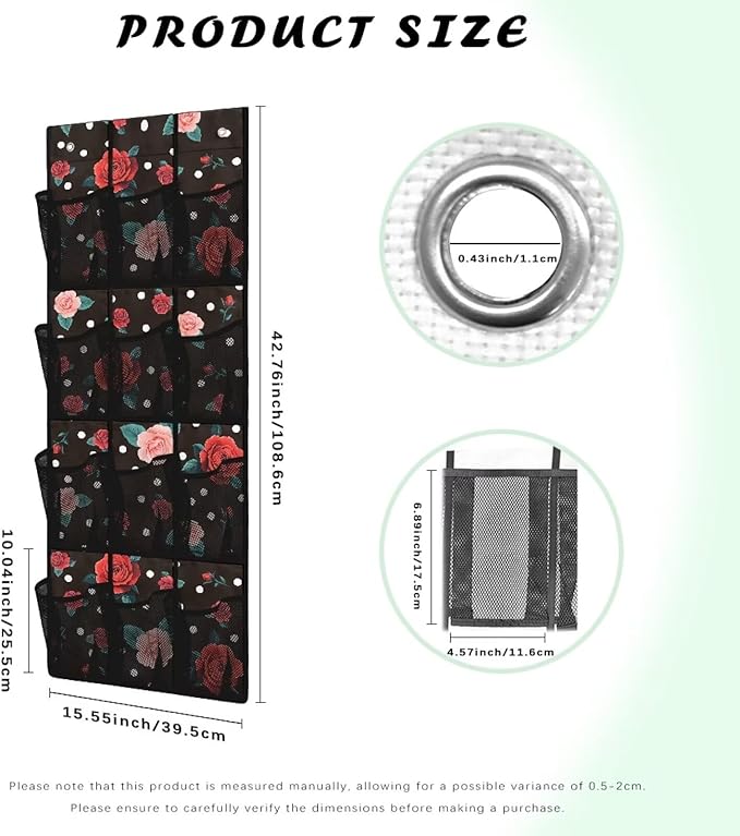 Rose Over the Door Shoe Organizer,Shoe Organizer Door Hanger with 12 Mesh Large Pockets,Space Saver,Unique Print