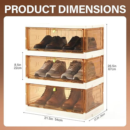Shoe Rack Organizer for Entryway/Closet,Stackable Magnetic-Door Shoe Boxes,Foldable Space-Saving Sneaker&Boot Containers,Thichen&Sturdy Plastic Cabinet 3 Tiers 6 Pairs,Taupe