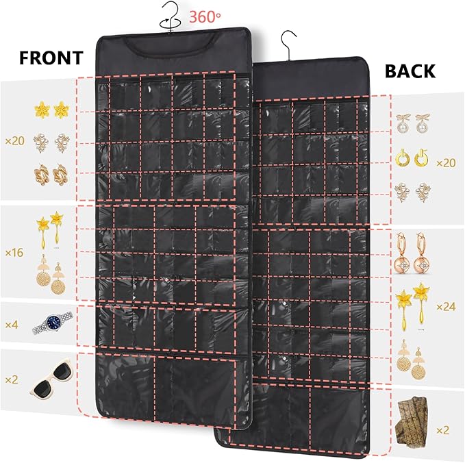 FOREGOER Hanging Jewelry Organizer with 88 Zippered Pockets, Dustproof Foldable for Travel, Accessories Organizer for Holding Jewelries, Earring Organizers and Storage (Black)