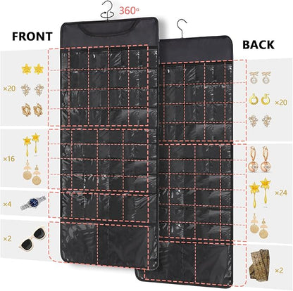 FOREGOER Hanging Jewelry Organizer with 88 Zippered Pockets, Dustproof Foldable for Travel, Accessories Organizer for Holding Jewelries, Earring Organizers and Storage (Black)