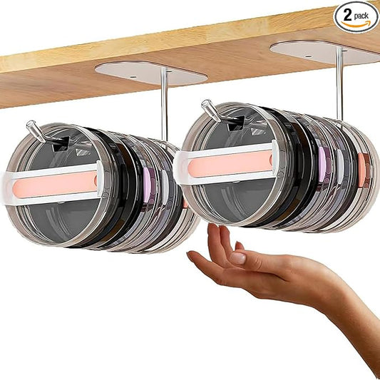 2 Pack Tumbler Lid Organizer,Space Saving Cup Lid Organizer for Yeti Tumbler/Stanley Tumbler/Simple Modern Tumbler Lids,Self-Adhesive Lid Hook for Kitchen Organizers and Storage(Black/Silver)