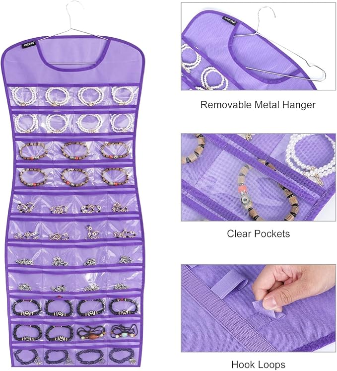 Dual sided Jewelry Hanging Organizer Closet Necklace Holder for Earrings Bracelets Rings with 42 Clear Pockets and 17 Hook Loops (Purple