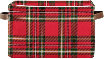 Red Green Tartan Plaid Christmas Large Storage Basket Cube Storage Bin Canvas Fabric Organizer Handles Collapsible Decorative for Clothes Bedroom