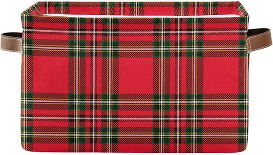 Red Green Tartan Plaid Christmas Large Storage Basket Cube Storage Bin Canvas Fabric Organizer Handles Collapsible Decorative for Clothes Bedroom