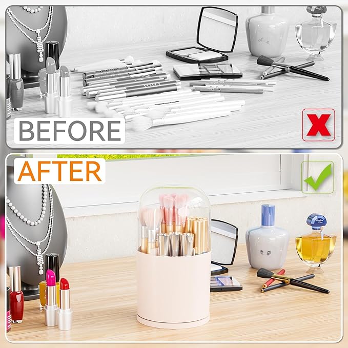 Yieach Rotating Acrylic Makeup Brush Holder with Lid for Vanity,Bathroom,Countertop,Covered Makeup Brushes Organizer,Round Spinning Cosmetic Brushes Holder and Make up Brush Storage with Cover,Pink
