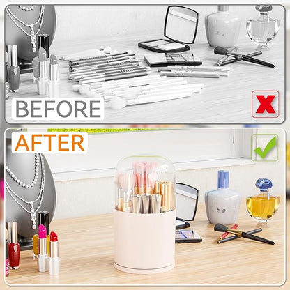 Yieach Rotating Acrylic Makeup Brush Holder with Lid for Vanity,Bathroom,Countertop,Covered Makeup Brushes Organizer,Round Spinning Cosmetic Brushes Holder and Make up Brush Storage with Cover,Pink