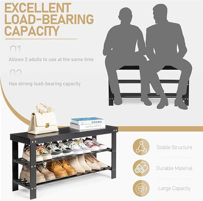 3 Tier Bamboo Shoe Racks,Narrow Vertical Shoes Rack,Freestanding Shoe Organizer Shelf,Shoe Rack Storage Organizer,with Shelves,for Closet, Entryway, Front Door Entrance, Bedroom, Hallway (Black)