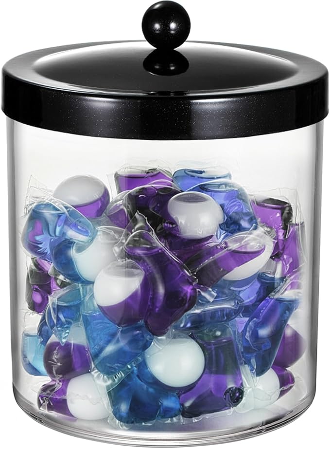 Amolliar 50 Oz Apothecary Jar - Clear Container with Stainless Steel Lid, Plastic Jar for Laundry Room Organization & Pods Storage, Bathroom Vanity Organizer, Kitchen Countertop Cantainer (Black)