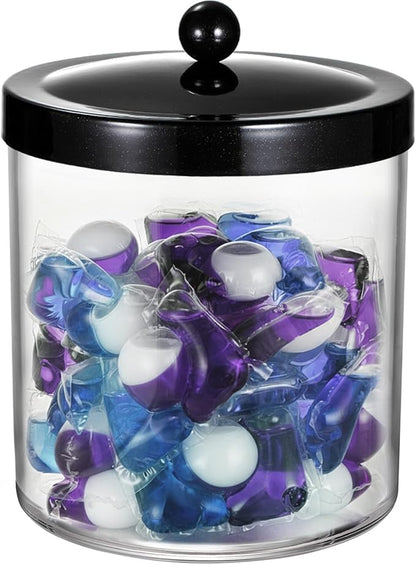 Amolliar 50 Oz Apothecary Jar - Clear Container with Stainless Steel Lid, Plastic Jar for Laundry Room Organization & Pods Storage, Bathroom Vanity Organizer, Kitchen Countertop Cantainer (Black)