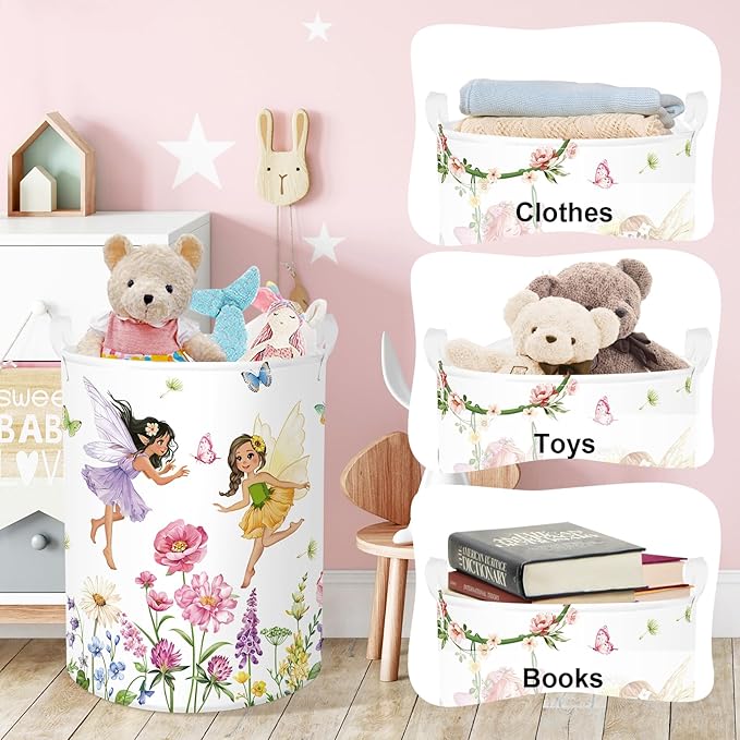 Clastyle Lovely Princess Laundry Basket Kids Clothes Book Storage Basket Gift Toy Box for Bedroom Decor,Flower Fairy,36x45 cm