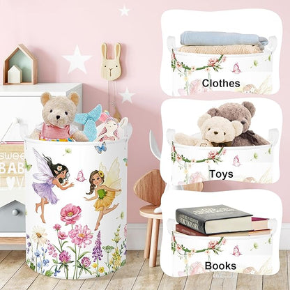 Clastyle Lovely Princess Laundry Basket Kids Clothes Book Storage Basket Gift Toy Box for Bedroom Decor,Flower Fairy,36x45 cm