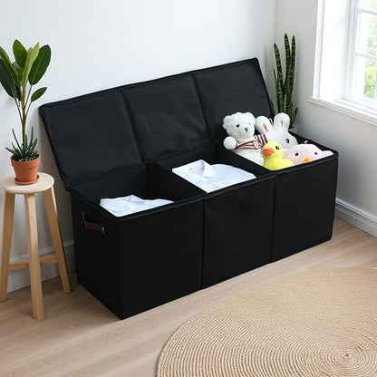 Extra Large Storage Box with Zippered Lid 130L Jumbo Chest Basket Bin Collapsible Lidded Sturdy Organizer with Dividers PU Leather Handles for Clothes Bedding Set Home Closet (Black)