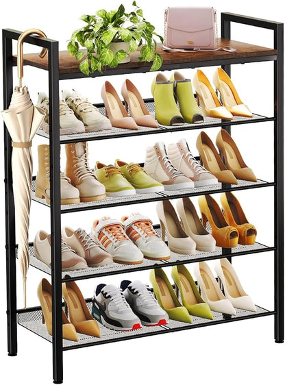 WIN4ALL Shoe Rack for Front Door Entrance, 5 Tier Shoe Rack for Entryway, 16-20 Pairs of Shoes, Metal Shoe Rack Organizer, Free Standing Shoe Rack for Closet (Black+Rustic Brown)