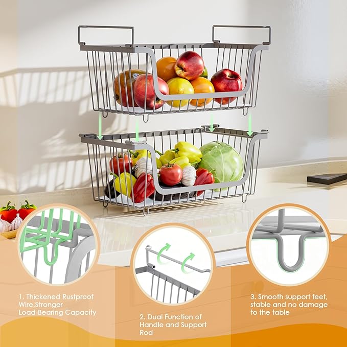 4 Pack Stackable Wire Baskets with Handles for Pantry Organizers and Storage, Fruit and Vegetable wire storage baskets, Potato and Onion Storage Bin, Metal Baskets for Organizing Snacks, Cans (Gray)