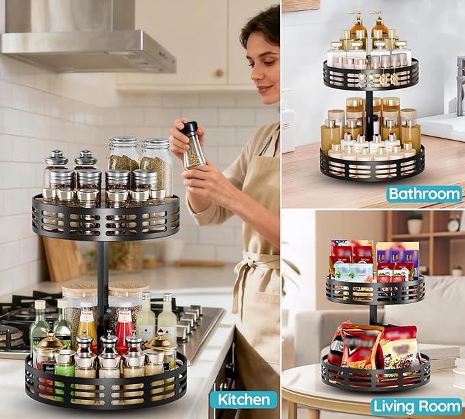 2 Tier Lazy Susan Organizer - 360° Rotating Spice Rack, Adjustable Industrial Spinning Spice Holder, Versatile Countertop Organizer for Cabinet, Pantry, Kitchen, Dining Table, Bathroom and Vanity
