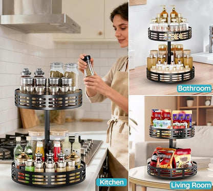 2 Tier Lazy Susan Organizer - 360° Rotating Spice Rack, Adjustable Industrial Spinning Spice Holder, Versatile Countertop Organizer for Cabinet, Pantry, Kitchen, Dining Table, Bathroom and Vanity