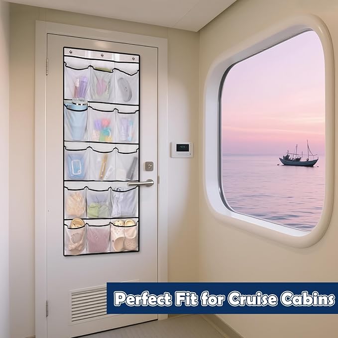 Over The Door Cruise Ship Organizer - Cruise Ship Magnetic Door Organizer with 15 Size-Graded Pockets, Hanging Magnetic Cruise Storage Shoe Rack for Cabin, 2025 Cruise Essential, 9 Hooks(White)