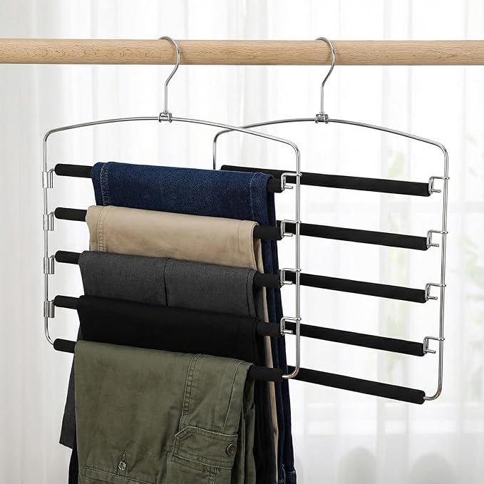 2 Packs Pants Hangers Space Saving, Anti-Slip Space Saving Hangers, 5 Layer Swing Arm Pants Hanger Stainless Steel with Non-Slip Padding, Closet Organizers & Storage for Pant Trousers Jeans