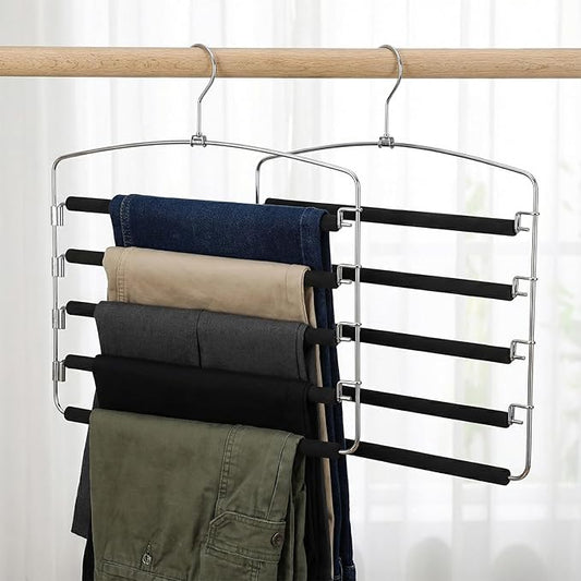 2 Packs Pants Hangers Space Saving, Anti-Slip Space Saving Hangers, 5 Layer Swing Arm Pants Hanger Stainless Steel with Non-Slip Padding, Closet Organizers & Storage for Pant Trousers Jeans