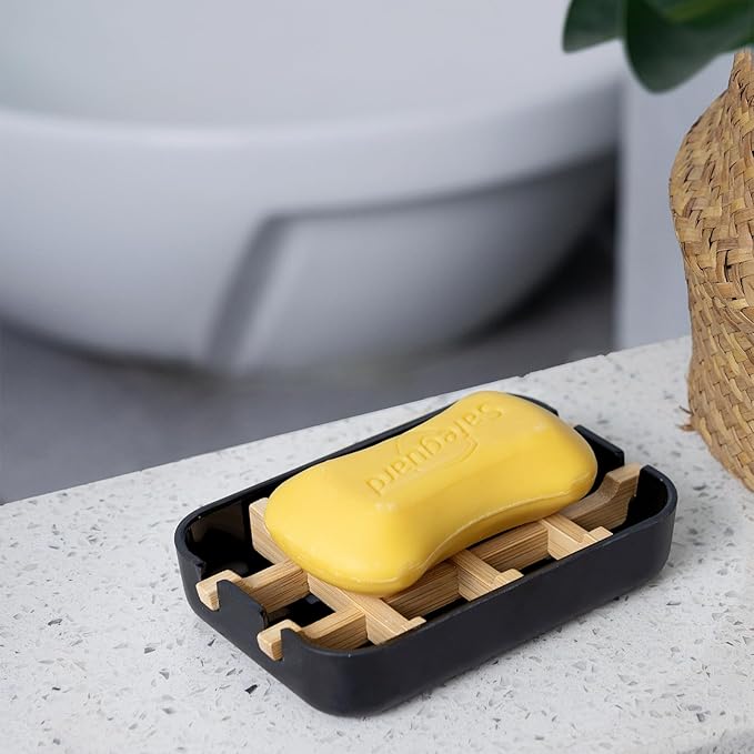 2 Pack Bamboo Fiber Soap Holder and Soap Dish Combination for Bathroom Bar Soap Holder Sink Deck Bathtub Shower Tray (Black)