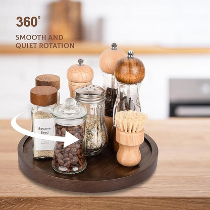 Wood Lazy Susan Organizer Kitchen Turntable for Cabinet Farmhouse Bathroom Decor Round Decorative Tray for Vanity, Counter, Sink, Coffee Table, 11 Inch, Walnut