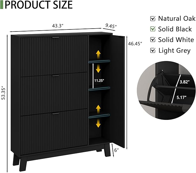 Xixini Shoe Cabinet with 3 Flip Drawers, 54" Tall Narrow Fluted Shoe Storage Organizer for Entryway, Hidden Wooden Shoe Rack with Adjustable Side Cabinet for Front Door Entrance, Hallway, Solid Black