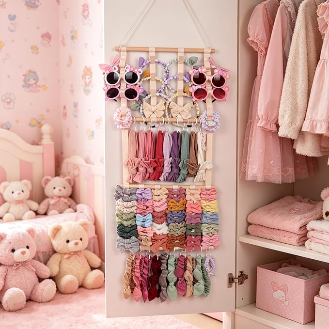 Hair Bow Organizer for Girls, Large Capacity Headband Holder Bow Holder W/ 20 Hooks & 8 Ribbons, Wall Hair Accessory Organizer for Baby Nursery Room Decor(30x14 Inch,Beige)