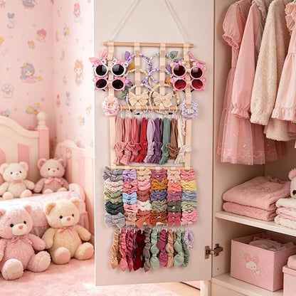 Hair Bow Organizer for Girls, Large Capacity Headband Holder Bow Holder W/ 20 Hooks & 8 Ribbons, Wall Hair Accessory Organizer for Baby Nursery Room Decor(30x14 Inch,Beige)