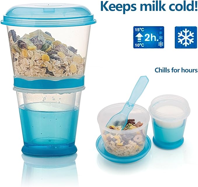 Cereal On The Go, Cup Container Breakfast Drink Milk Cups Portable Yogurt and Travel To-Go Food Containers Storage With Spoon(Blue)