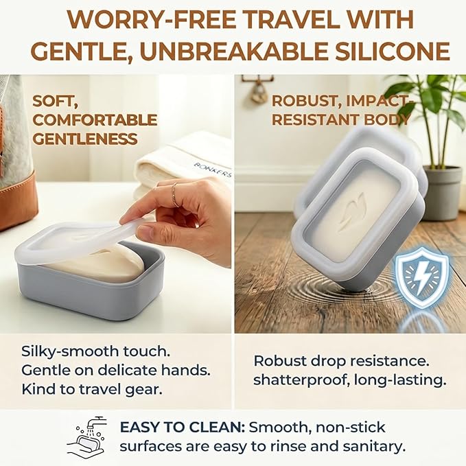 AIMAIAIMAI Compact Leakproof Travel Soap Case, Silicone Travel Soap Container, Portable Soap Box with Drainage Layer, Shatterproof Soap Holder for Bathroom, Gym (Gray)