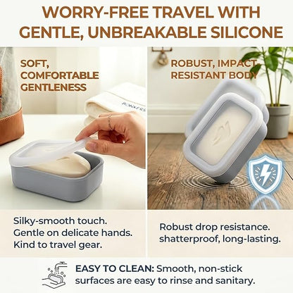 AIMAIAIMAI Compact Leakproof Travel Soap Case, Silicone Travel Soap Container, Portable Soap Box with Drainage Layer, Shatterproof Soap Holder for Bathroom, Gym (Gray)