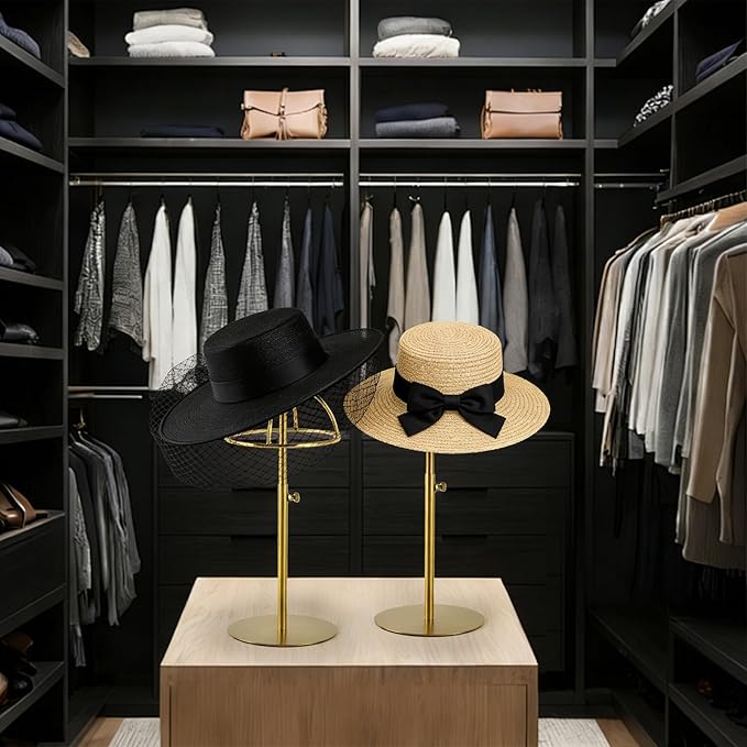 2 Pack Hat display stand Adjustable Height 8.7-14.6 Inches Hat organizer Stainless Steel Metal Hat rack for Storing Hats and Wigs in Home Boutique Retail Stores,Golden