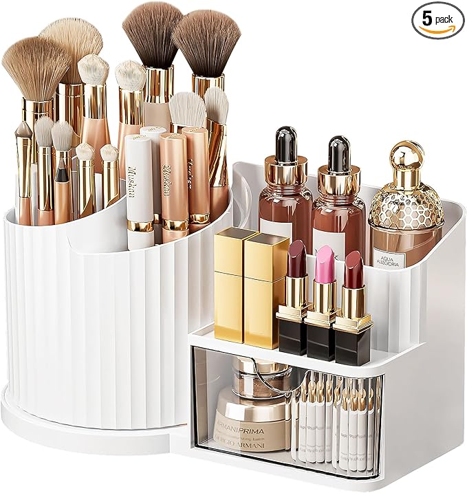 Anyoifax 360 Rotating Makeup Brush Holder Organizer with Drawer 5 Slots Make Up Brushes Cup Flower-Shaped Spinning Pen Holder for Vanity, Cosmetics, Lipsticks, White