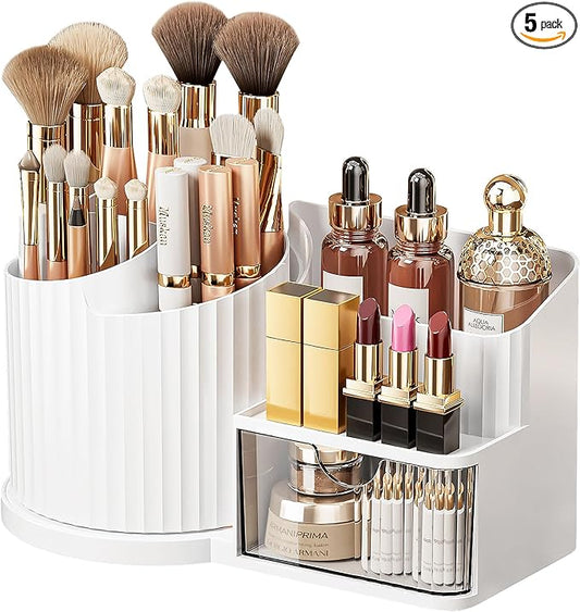 Anyoifax 360 Rotating Makeup Brush Holder Organizer with Drawer 5 Slots Make Up Brushes Cup Flower-Shaped Spinning Pen Holder for Vanity, Cosmetics, Lipsticks, White