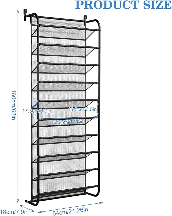 AQQHSAIN 10 Tier Over The Door Shoe Organizer Wall Shoe Shelf Shoe Holder Door Shoe Rack for Closet Pantry Hanging Shoes Clothes Toys Storage Shelves (Black)