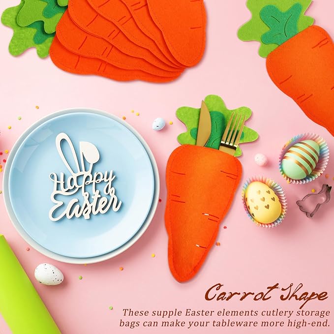 Luxshiny 6 Pcs Easter Cutlery Bags Carrot Shape Silverware Holder Fork Spoon Pouch Utensil Storage for Festival Dining Table Decor