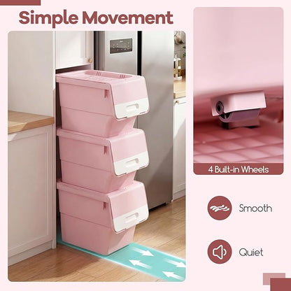 Giantex Plastic Stackable Storage Bins with Lids & Wheels, 3 Pack Open Front Stacking Bins, Organizer Bins for Pantry, Kitchen, Laundry, Closet, Playroom, Bedroom Organization (35 QT)