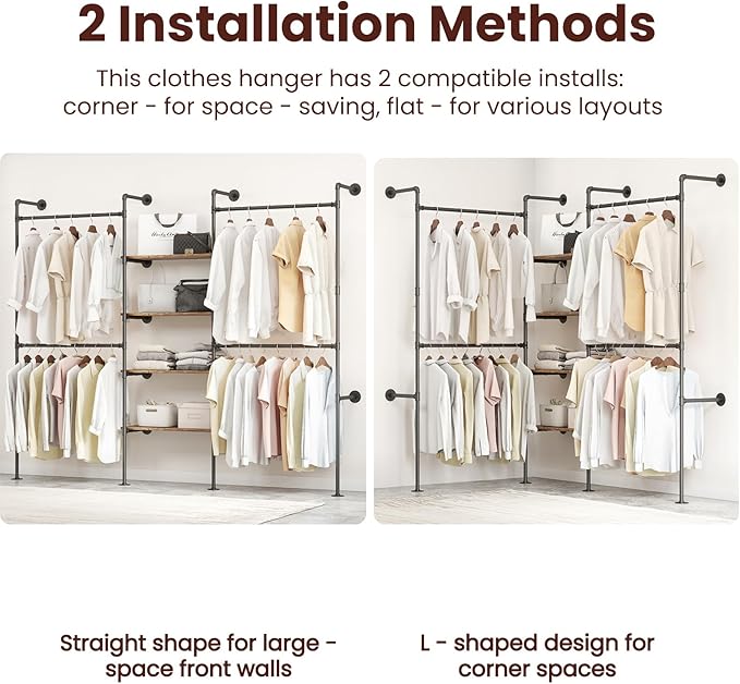 Industrial Pipe Clothing Rack, Heavy Duty Adjustable Garment Hanger with Shelves, 2 Installation Methods Closet Storage System for Wardrobe Organization (Black, 80" H x 86" W)