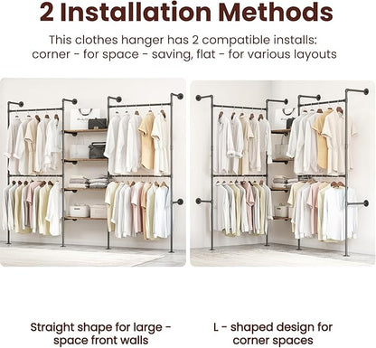 Industrial Pipe Clothing Rack, Heavy Duty Adjustable Garment Hanger with Shelves, 2 Installation Methods Closet Storage System for Wardrobe Organization (Black, 80" H x 86" W)