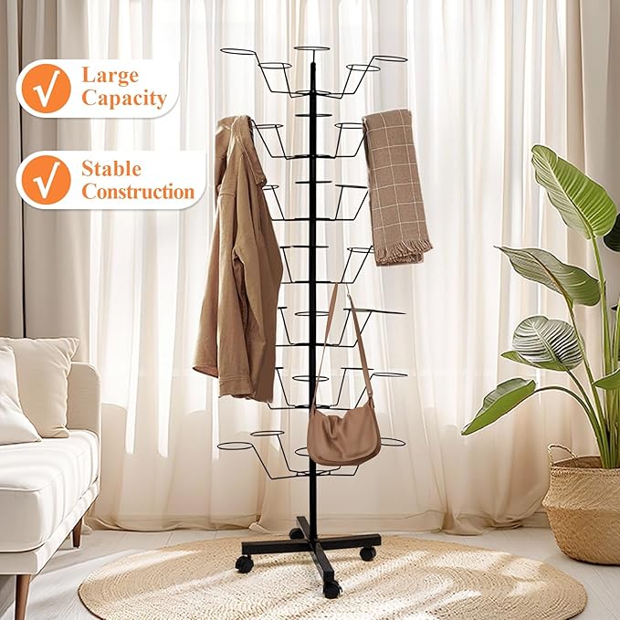 uyoyous 7-Tier Rotating Hat Rack Stand for Retail Stores, Heavy-Duty Metal Hat Display Organizer with Wheels, Holds 35+ Caps for Boutique & Home Use