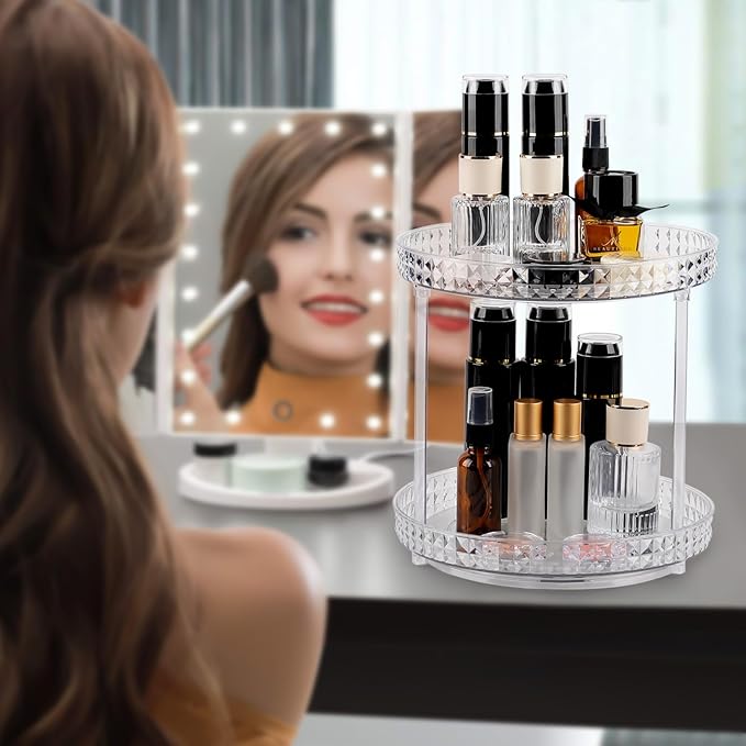360 Clear Rotating Makeup Organize for Vanity,2 Tiers Lazy Susan with Diamond Pattern, Large-Capacity Skincare Organizers Cosmetic Display Case Organizer for Dresser (Clear White, 2Tiers)