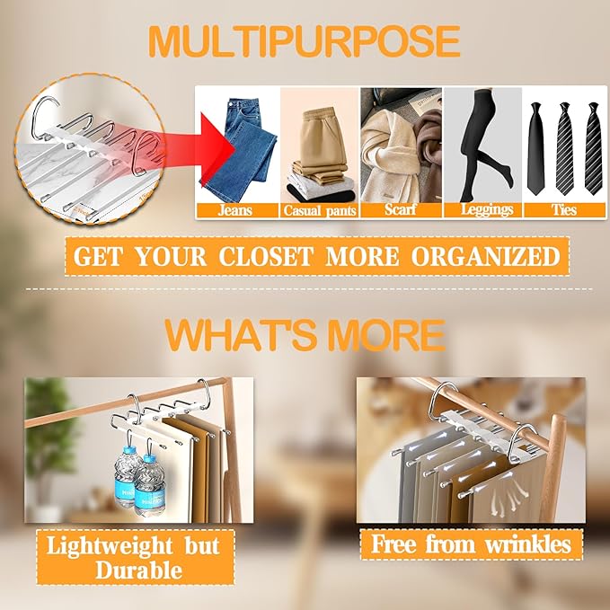 Pants Hangers Stainless Steel Hook Strong, 4 Pack, Closet Organizers and Storage, Space Saving Hangers for Jeans Trousers Clothes-Dorm Essential Apartment Must Have