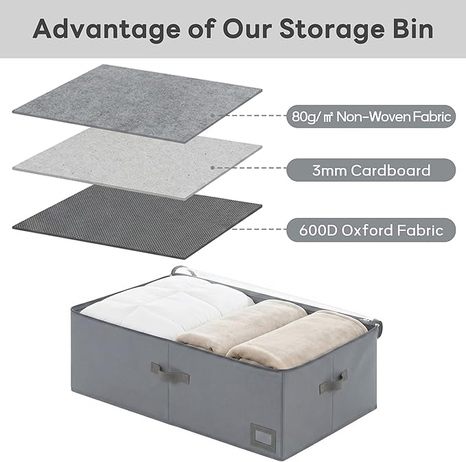 10-Inch Under Bed Storage Containers (2-Pack) | Sturdy Sidewalls | Clear Cover & Label Holder | Foldable Fabric Closet Bin Organizer | Stores Clothing/Blankets/Sweaters/Sheets