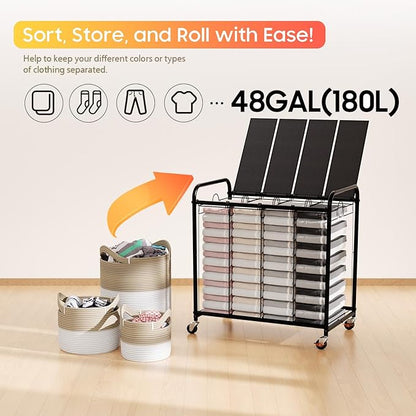 Laundry Sorter 4 Sections 48 Gal, Rolling Laundry Basket with Lockable Wheels and Lid, Laundry Hamper with 4 Separated Removable Bags Dirty Clothes Hamper for Laundry Room Organizer, Black