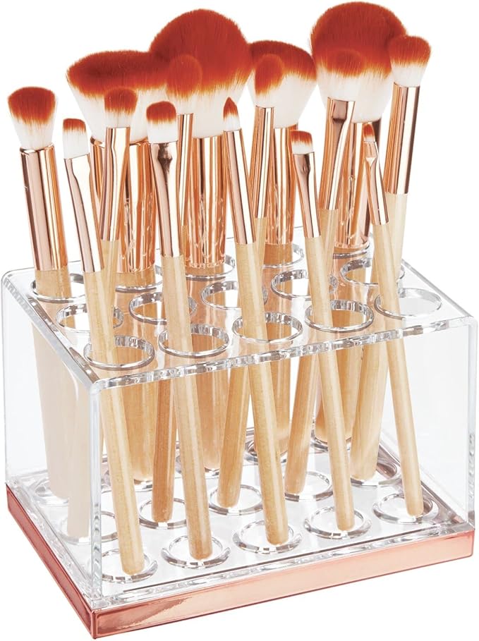 mDesign Plastic Makeup Brush Storage Organizer with 15 Slots for Bathroom Countertop, Vanity to Hold Eye/Lip Pencils, Lip Gloss, Liners, Lipstick - Clear/Rose Gold