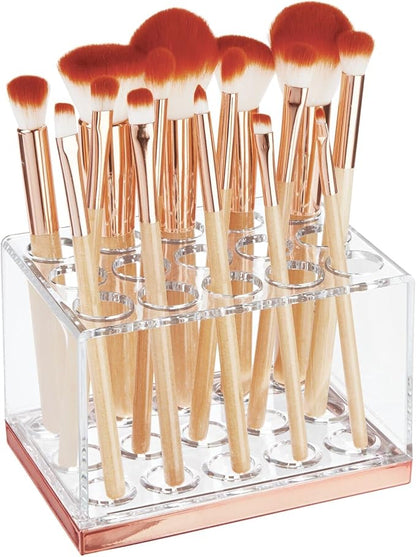 mDesign Plastic Makeup Brush Storage Organizer with 15 Slots for Bathroom Countertop, Vanity to Hold Eye/Lip Pencils, Lip Gloss, Liners, Lipstick - Clear/Rose Gold