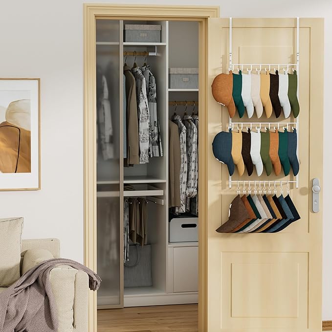 HapiRm Over Door Hat Rack - 3 Tier Wall Mounted Hat Organizer with 16 Hooks and 10 Movable Clips, Baseball Cap Organizer Storage Holds up to 26 Caps for Door, Bedroom, Closet USPTO Patent Pending